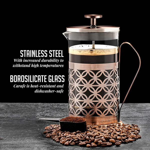 OVENTE 34 Ounce French Press Coffee & Tea Maker, 4 Filter Stainless Steel Filter Plunger System & Durable Borosilicate Heat Resistant Glass with Free Scoop, Perfect for Hot & Cold Brew, Copper FSF34C