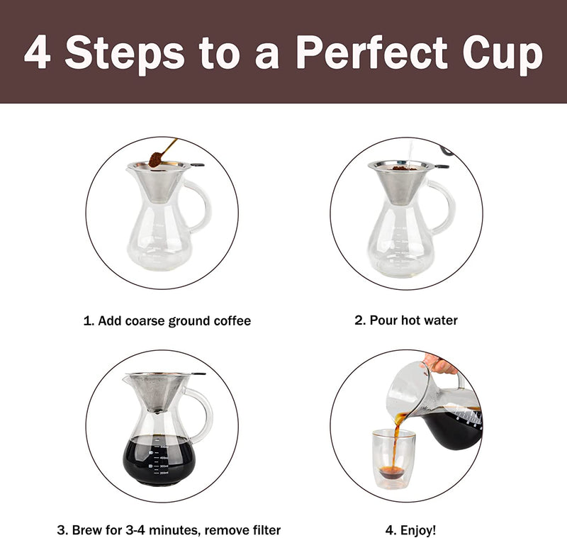 T-mark Pour Over Coffee Maker with Reusable Double-layer Stainless Steel Filter, 800ml/27oz BPA-Free Glass Coffee Carafe, Glass Coffee Maker, Coffee Dripper Brewer