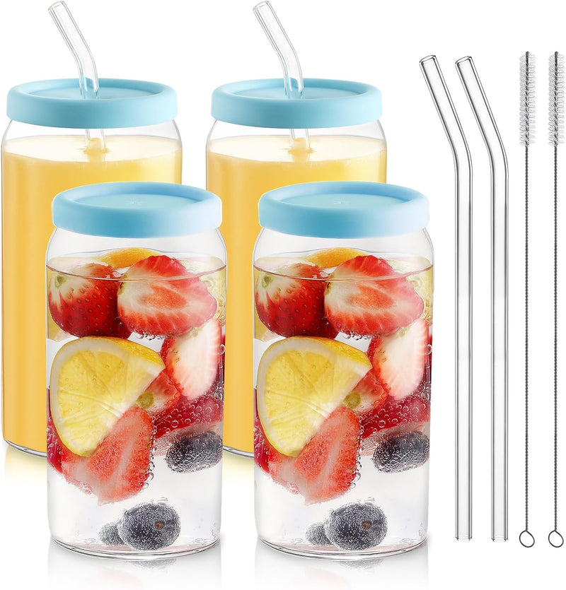 HOMBERKING Glass Cups with Bamboo Lids and Straws 4pcs Set, 16oz Can Shaped Drinking Beer Glasses, Iced Coffee Cups, Cute Tumbler Cups with 1 Cleaning Brush, Ideal for Cocktail, Whiskey, Tea, Gift