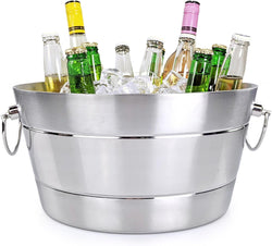 BREKX Stainless Brushed Steel Beverage Tub, Double Wall Insulated Anchored Ribbed Drink Tub & Ice Bucket with Double Hinged Handles, Drink Chiller for Parties, Round, 12QT (3 Gallon), 100% Leak Proof