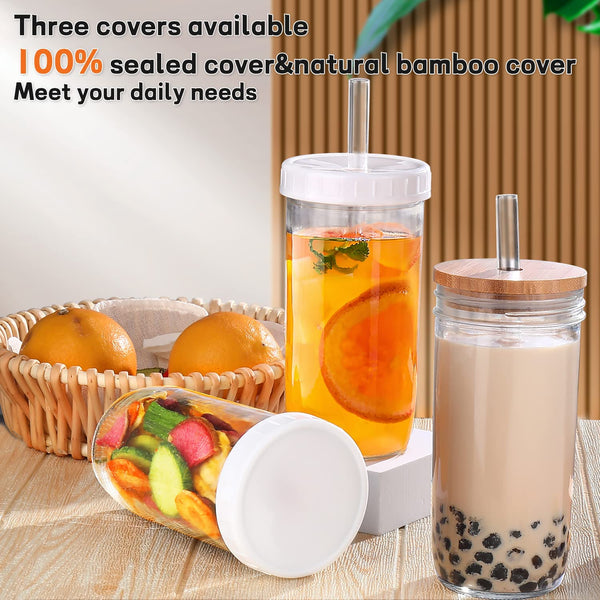 DWTS DANWEITESI Mason Jar with Lid and Straw, 24oz Glass Cups-Wide Mouth Reusable Drinking Glasses,Iced Coffee Cups Glass,Vasos De Vidrio【4 Pack】