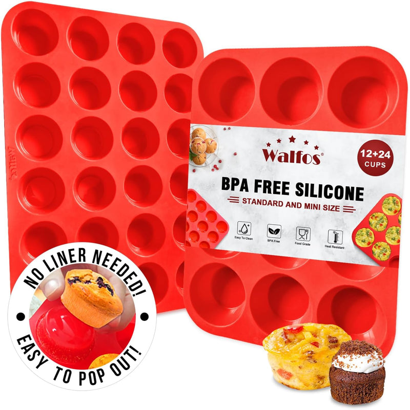 Walfos Silicone Muffin Pan - 12 Cups Regular Silicone Cupcake Pan, Non-stick Silicone Great for Making Muffin Cakes, Tart, Bread - BPA Free and Dishwasher Safe