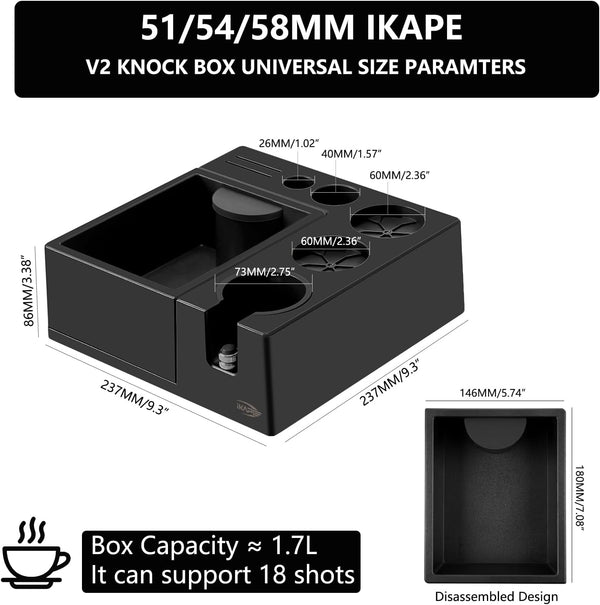 IKAPE Espresso Knock Box, Espresso Coffee Organizer Box Fit for Storage 51, 54, 58MM Espresso Tamper, Distributor, Portafilter & Puck Screen Accessories, Plastic Station Base(8 IN One)(Black)