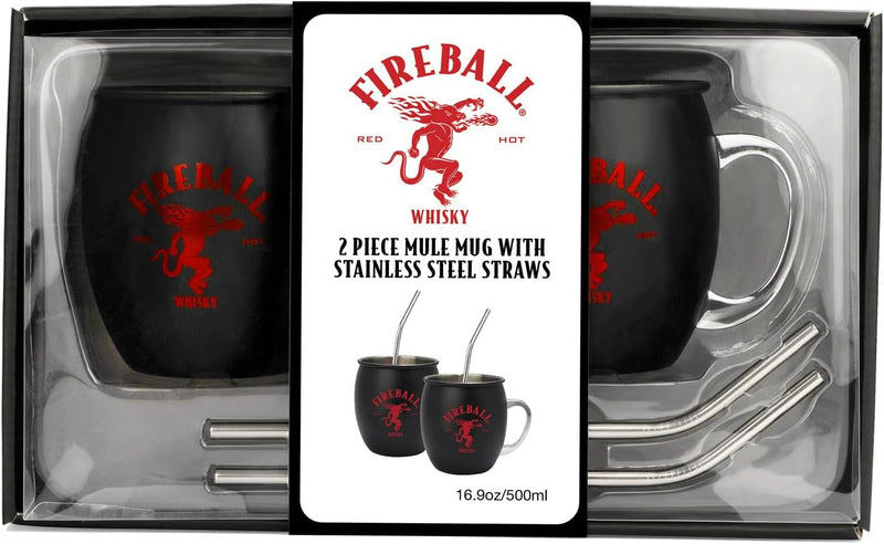 Fireball 2 PIECE MULE MUG WITH STAINLESS STEEL STRAWS, Black, LARGE