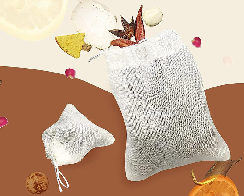 GIYOMI 20 Pcs Muslin Drawstring Bags,Natural Unbleached Cotton Straining Herbs Cheesecloth Bags, Coffee Tea Brew Bags, Soup Gravy Broth Stew Bags, Bone Broth Brew Bags,Spice Bags, 4 x 3 Inches