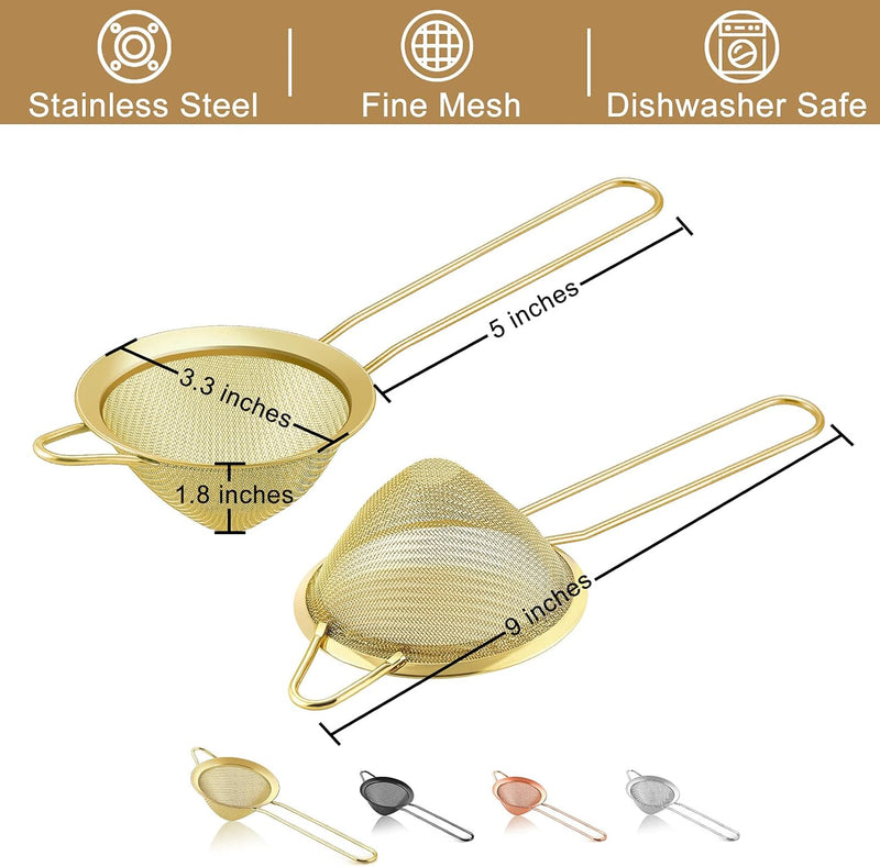 TeamFar Fine Mesh Strainer, 3.3’’ Stainless Steel Tea Strainer with Long Handle, Small Conical Cone Mesh Strainer for Cocktail Coffee Juice Flour, Non-Toxic & Easy Clean, Hanging Loop, Gold