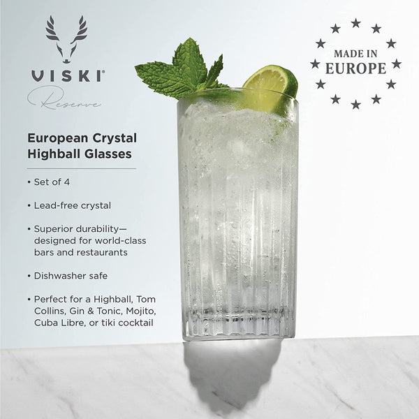 Viski Crystal Highball Glasses - European Crafted Collins Glasses Set of 4-14oz Cocktail Glass for Wedding or Anniversary and Special Occasions Gift Ideas