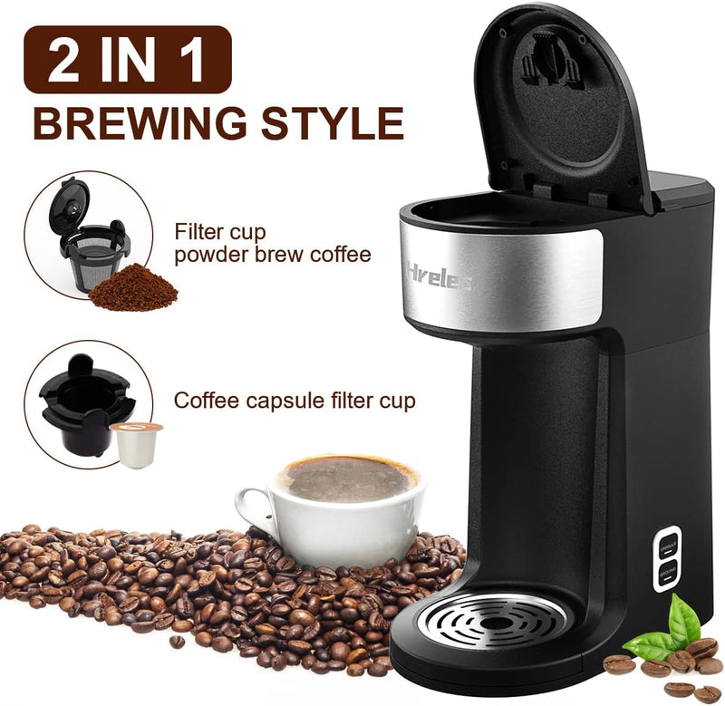 2-Way Single Serve Coffee Maker Brewer for K Cup Capsule and Ground Coffee, Mini Coffee Machine with Self-Cleaning Function and 8-14 Oz Brew Size, Christmas Pod Coffee Maker, Black Modern