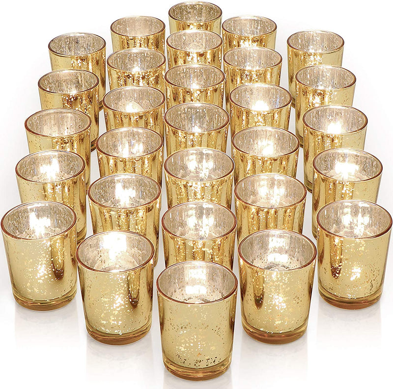 LETINE Gold Votive Candle Holders Set of 36 - Speckled Mercury Gold Glass Candle Holder Bulk - Ideal Candle Jars for Wedding Centerpieces, Party Supplies, Holiday Day Table Decor Gold