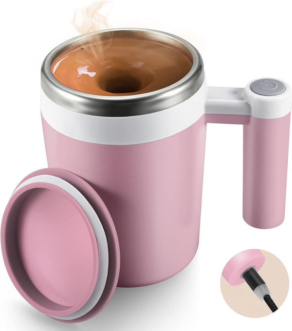 Self Stirring Coffee Mug,Rechargeable Automatic Magnetic Self Mixing Coffee Mug with 2 Stir Bar,13oz Auto Stainless Steel mixer Cup for Coffee Milk Cocoa for Office Travel Best Christmas Gifts(Pink)