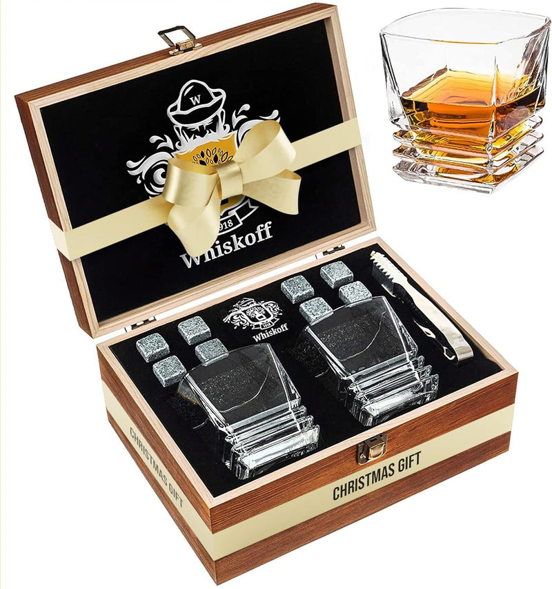 Whiskey Glass Set of 2 - Bourbon Stones Gift For Men Includes Crystal Whisky Rocks Glasses , Chilling Stones , Slate Coasters Scotch Glasses in Wooden Box Wisky Burbon Retirement Gifts