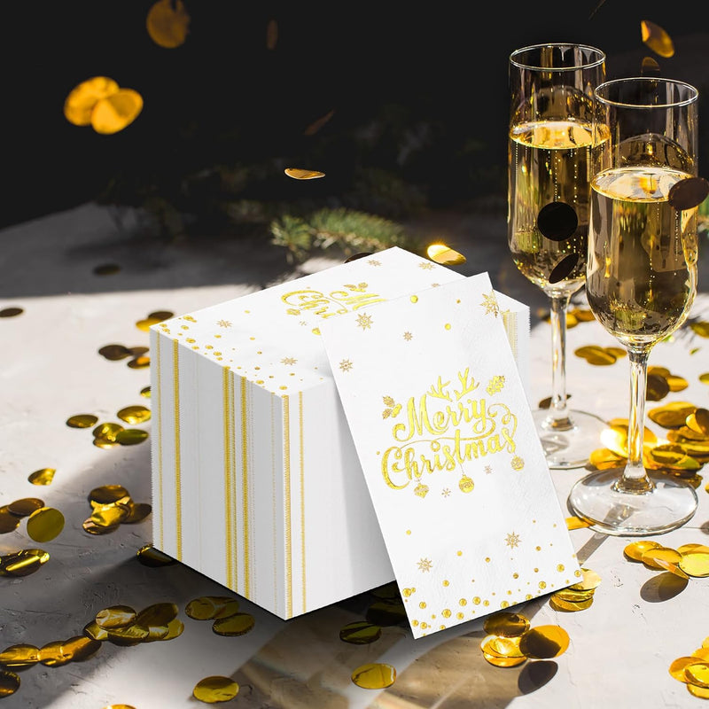 100Pcs Merry Christmas Napkins, White Gold Foil Disposable Paper Napkins, Paper Cocktail Napkins Hand Towels for Christmas Dinner Winter Holiday Party Decorations and Supplies, 7.9 x 4.3 Inch