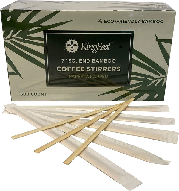 KingSeal Individually Paper Wrapped Bamboo Coffee Stir Sticks, 7 inches, Square End, 100% Renewable and Biodegradable - 1 Box of 500 Stirrers