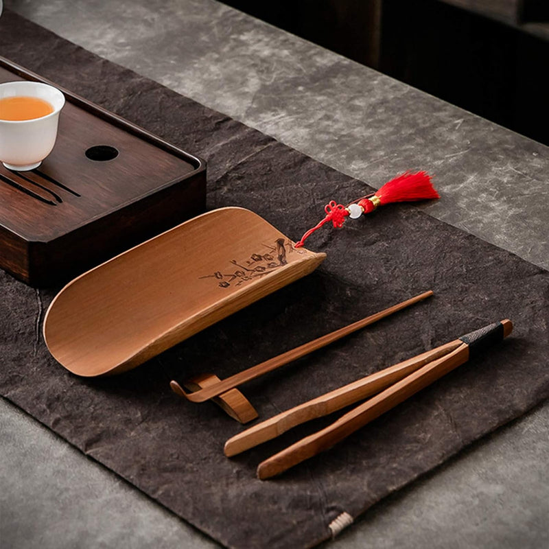 Tea Spoon, Tea Scoop Set Bamboo Tea Set, Hand-Made Carving Tea Accessories 4Pcs/Set for Home Tea Accessory Tearoom Set Office(Plum blossom)