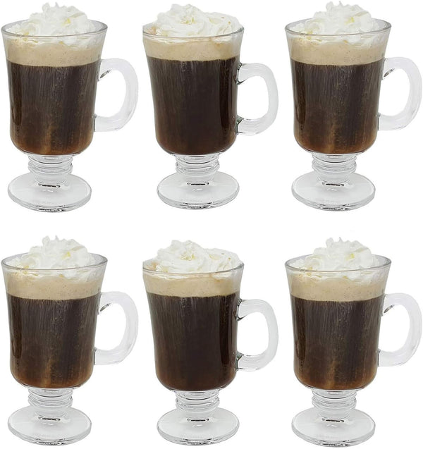 LAVO HOME Traditional Irish Coffee Glass Coffee Mugs Pedestal Design 8 oz. Set of 6 Thick Wall Glass Cappuccinos, Mulled Ciders, Hot Chocolates, Ice cream and More!
