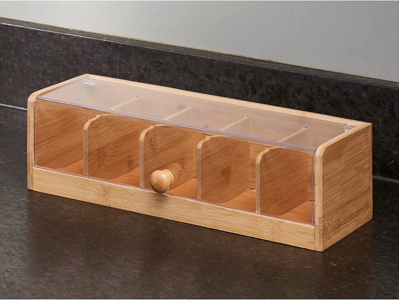 Nifty Solutions Bamboo Tea Box | 5 Compartment Tea Bag Storage | Stores up to 100 Tea Packets | Natural Wooden Tea Box | Tea Storage Containers | Organize Tea, Jewelry & Small Items