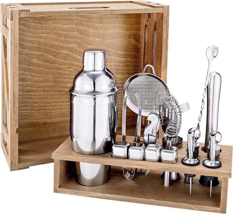 Oyydecor 18 Piece Cocktail Shaker Set with Rustic Pine Stand, Gifts for Men Dad Grandpa,Stainless Steel Bartender Kit Bar Tools Set, Home, Bars, Parties and Traveling (Silver)