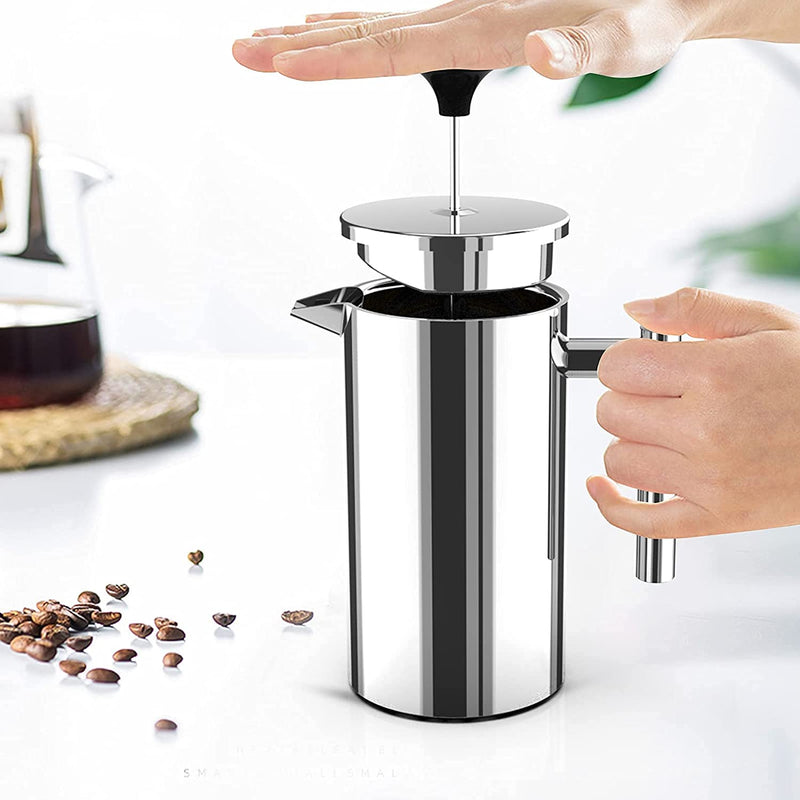 BAERFO French Press Coffee Maker, 304 Grade Stainless Steel Insulated Coffee Press with 2 Extra Screens with 1 Thermometer, 34oz (1 Litre), Silver