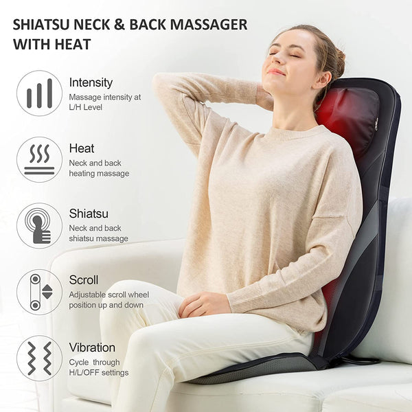 Snailax Shiatsu Back Massager with Heat -Deep Kneading Massage Chair Pad with Adjustable Intensity, Shiatsu Chair Massager to Relax Full Body Muscle