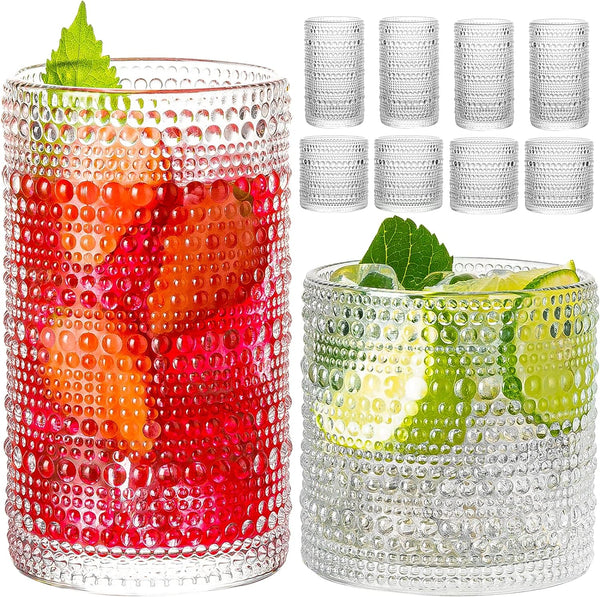 wookgreat Drinking Glasses, 8 pcs Embossed Designed Glass Cups-4 Highball Glasses 15oz & 4 Rocks Glasses 13oz, Mojito Cups, Mixed Drink Cocktail Glass, Bar Glassware for Cocktail, Beer, Whiskey