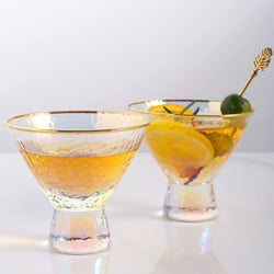 Lysenn Iridescent Stemless Martini Glasses Set of 2 - Premium Hammered Cocktail Glasses for Weddings, Anniversary, Christmas, Party - 7.7oz Gold Rim