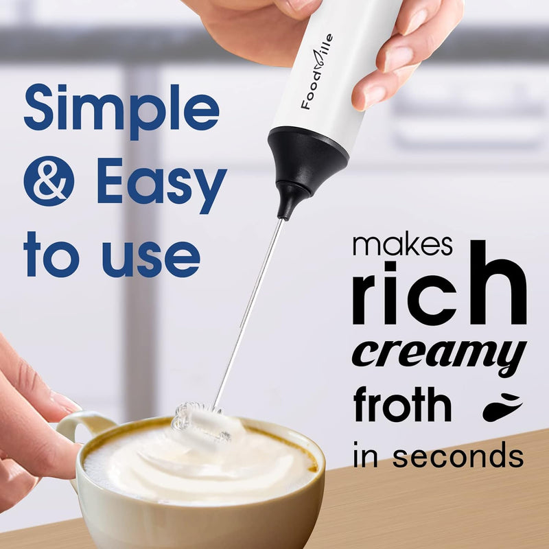 FoodVille MF05 Rechargeable Milk Frother USB Charging Handheld Foam Maker with Stainless Balloon Whisk for Cappuccino, Latte, Bulletproof Coffee, Keto Diet, Protein Powder, Matcha (White with Stand)