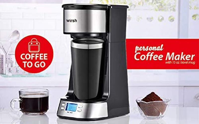 wirsh Single Serve Coffee Maker- Small Coffee Maker with Programmable Timer and LCD display, Single Cup Coffee Maker with 14 oz.Travel Mug and Reusable Coffee Filter,NON-POD Coffee Maker,Black