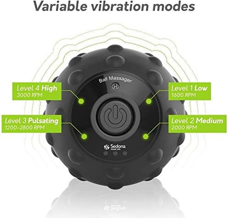 Sedona, 4 Speed Vibrating Massage Ball, Rechargeable Textured Foam Roller, Muscle Tension Pain and Pressure Relieving Fitness Massaging Balls, Myofascial Release for Feet Arms Back and Neck, Black