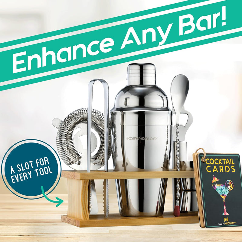 Mixology Bartender Kit - 8-Piece Silver Cocktail Shaker Set with Pine Wood Stand, Recipe Cards, and Bar Accessories Ideas