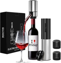 Electric Wine Opener-Rocyis Wine Gift Set-Electric Wine Aerator Pourer-Wine Dispenser Battery Operated, Rechargeable Wine Bottle Opener with Foil Cutter, Vacuum Stoppers-Wine Gifts for Women