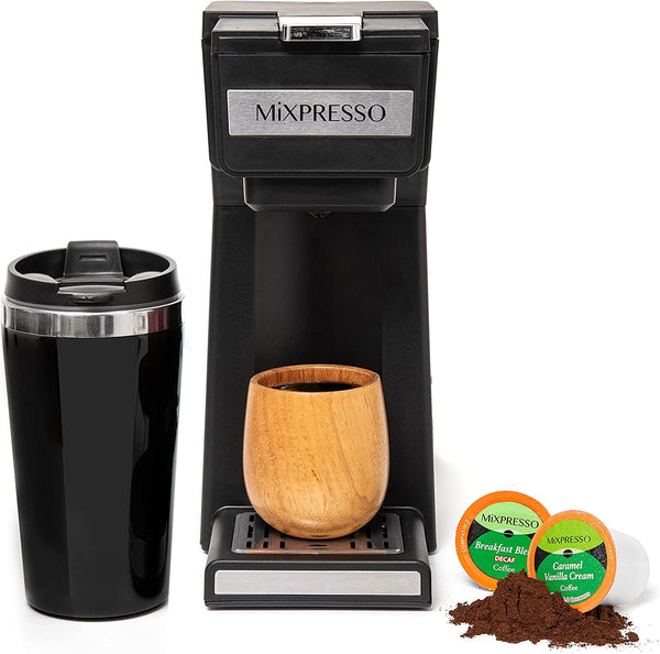 Mixpresso Coffee Maker Single Serve For Ground Coffee & Compatible With K Cup Pods, With 14oz Travel Mug & Reusable Filter For Home, Office & Camping.