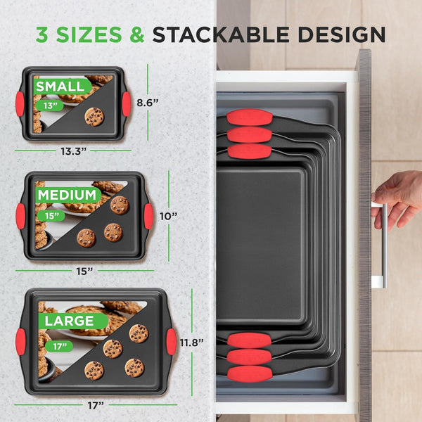 NutriChef Non-Stick Kitchen Oven Baking Pans-Deluxe & Stylish Nonstick Gray Coating Inside Outside, Commercial Grade Restaurant Quality Metal Bakeware with Red Silicone Handles NCSBS3S, 3 Piece Set