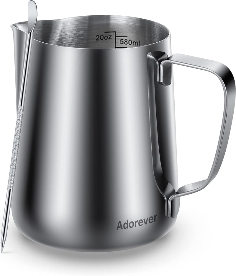 Milk Frothing Pitcher 350ml/600ml/900ml/1500ml (12oz/20oz/32oz/50oz) Steaming Pitchers Stainless Steel Milk/Coffee/Cappuccino/Latte Art Barista Steam Pitchers Milk Jug Cup with Art Pen,12oz