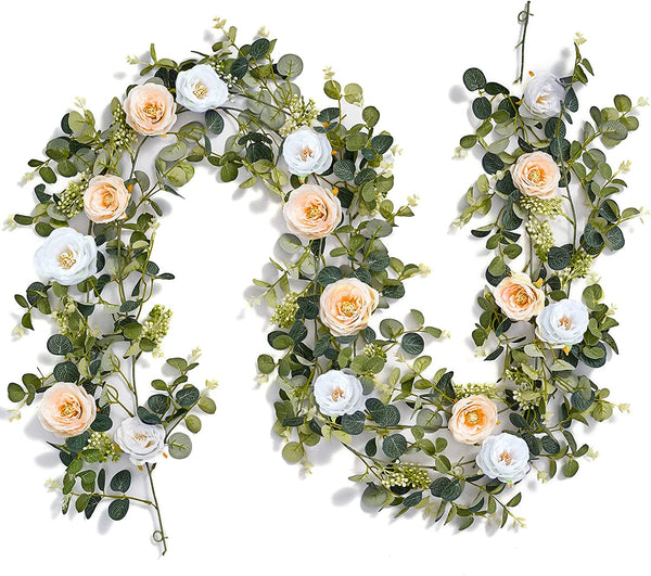 2Pcs 13FT Flower Garlands Artificial Floral Garlands for Decor with Silk Flowers Champagne White Rose Garlands Seeded Eucalyptus Garlands for Wedding Arch Table Wall Backdrop Party Decor