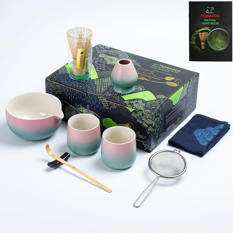 TEANAGOO Japanese Tea Set (7pcs) Matcha Whisk Set Matcha Bowl with Pouring Spout Bamboo Matcha Whisk (Chasen) Scoop (chashaku) Matcha Whisk Holder Tea Making Kit. N18,Orange, Matcha Green Tea Powder