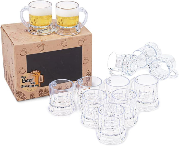 LiveBe Mini Plastic Beer Mug Shot Glasses with Handles for Party-2.16'' Tall-2 oz (set of 12)