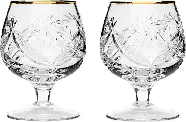 Set of 2 Hand Made Vintage Crystal Glasses, Brandy & Cognac Snifter with 24K Gold Rim, Old-Fashioned Glassware, 7 fluid ounces
