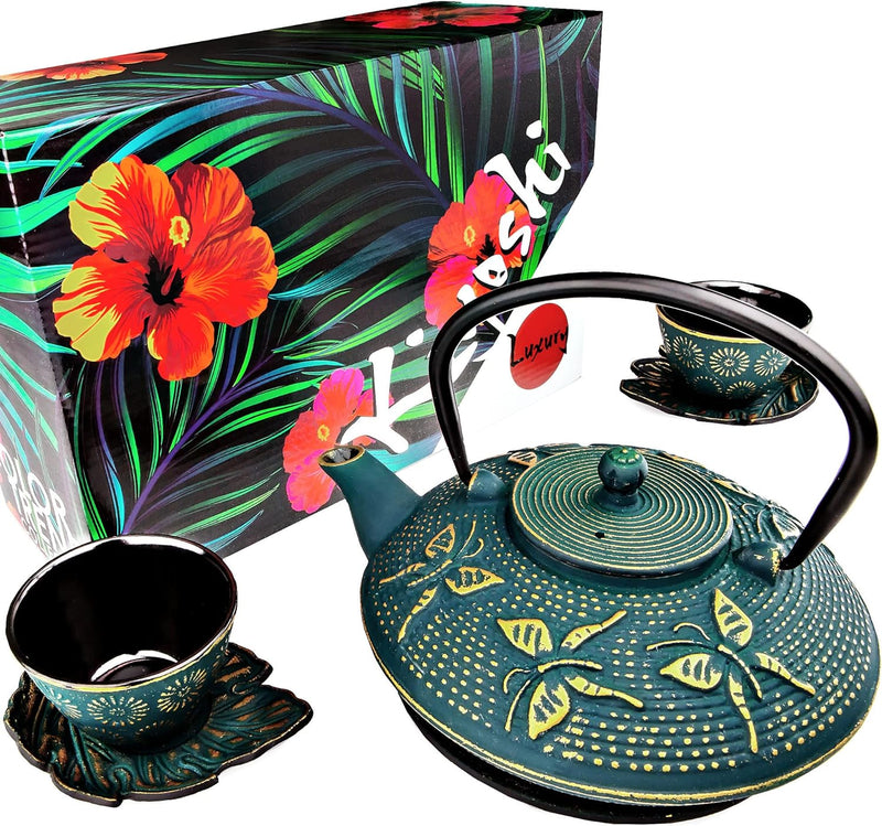 KIYOSHI Luxury 7PC Japanese Tea Set. "Blue Butterfly" Cast Iron Tea Pot with 2 Tea Cups, 2 Saucers, Loose Leaf Tea Infuser and Teapot Trivet. Ceremonial Matcha Accessories