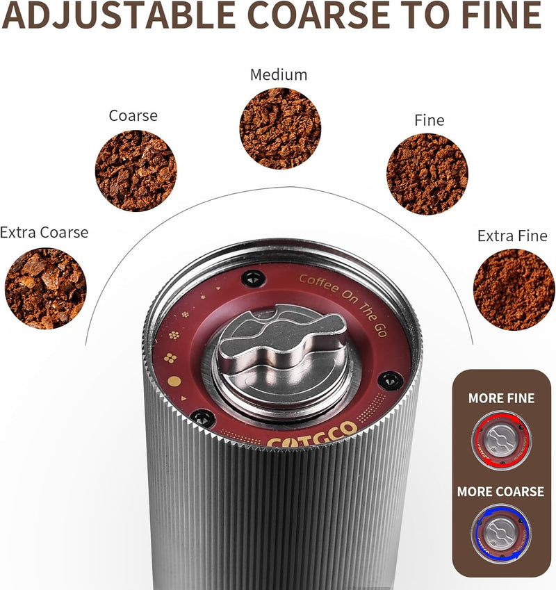 Coffee Grinder Electric Burr Portable: COTGCO Small Espresso Bean Mill with Conical Burr - Adjustable & Rechargeable Battery - Extra Fine to Extra Coarse (Silver-1)