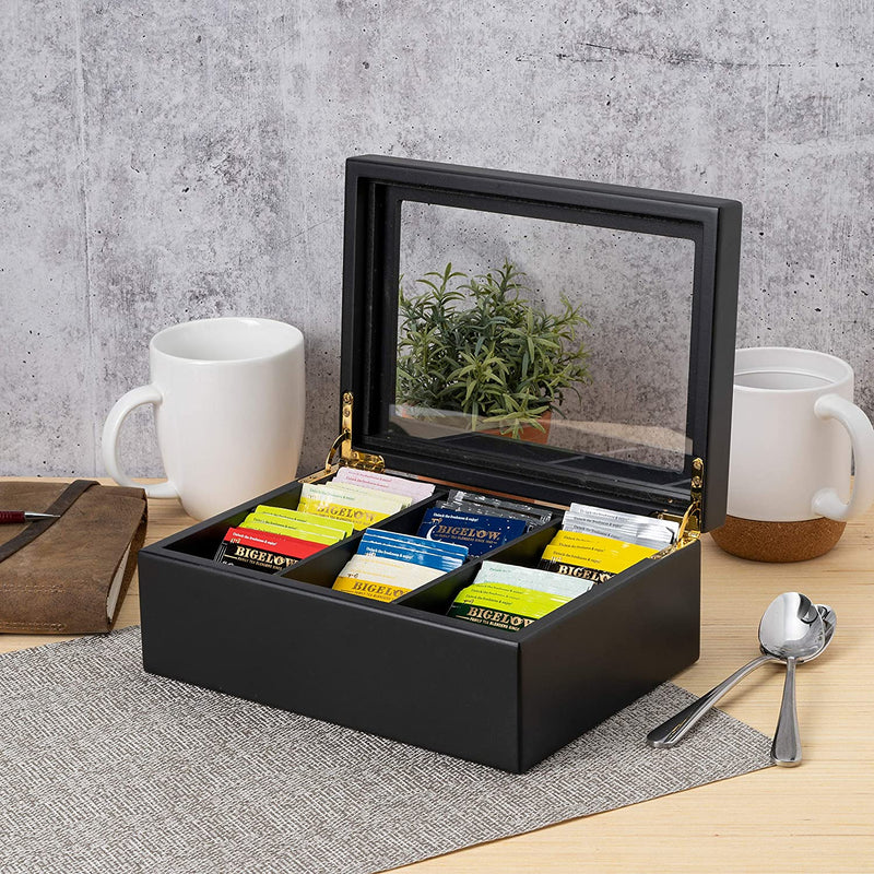 Break Tradition Wooden Tea Organizer For Tea Bags - Black Wooden Tea Chest With 6 Compartments - Clear Top Window - Lid Stays Open (Black)