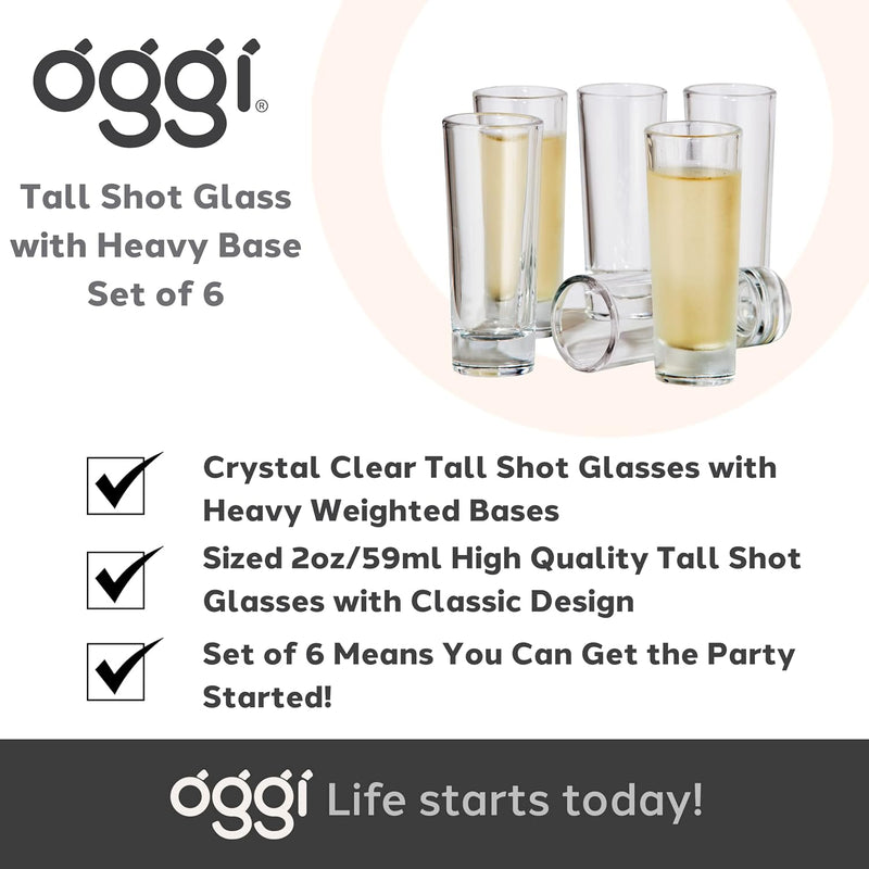 Oggi Tall Shot Glasses w/Heavy Base, Set 6 - Real Glass Shot Glass Set, Cool & Classic Design Ideal Groomsmen Gifts, Tequila Shot Glasses, Bachelor Party Favors for Men - 2oz / 59ml