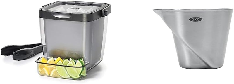 OXO Good Grips Double Wall Ice Bucket with Tongs and Garnish Tray,Gray, 7.37"L x 8.5"W x 7.5"H