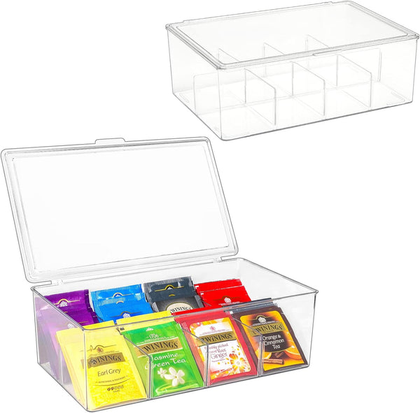 Puricon 2 Pack Tea Bag Organizer Clear Acrylic Tea Storage Box with Lid, Plastic Tea Bag Holder Stackable Tea Organizer for Tea Bags Container Dispenser for Cabinet Pantry Counter Countertop -Clear