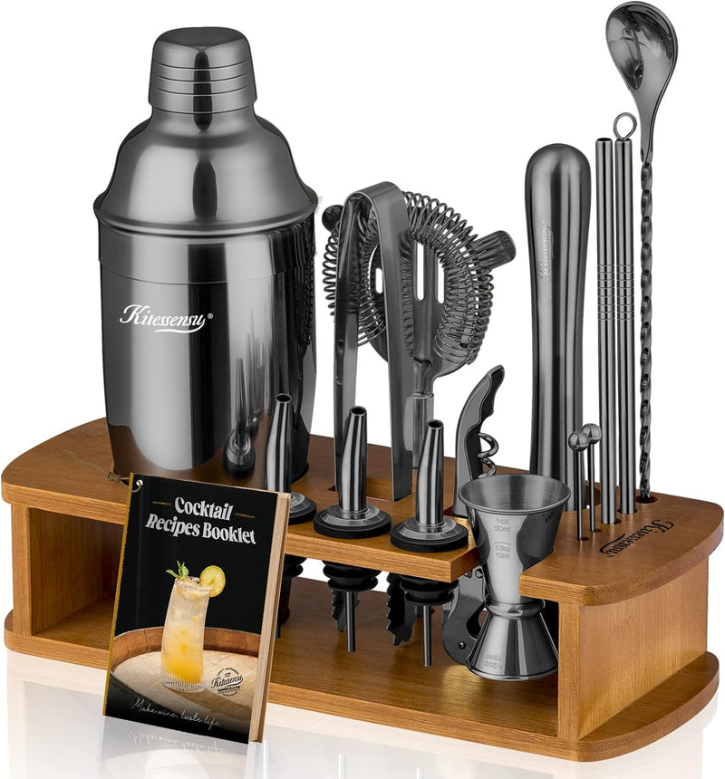 KITESSENSU Cocktail Shaker Set Bartender Kit with Stand | Bar Set Drink Mixer Set with All Essential Accessory Tools: Martini Shaker, Jigger, Strainer, Mixer Spoon, Muddler, Liquor Pourers |Silver
