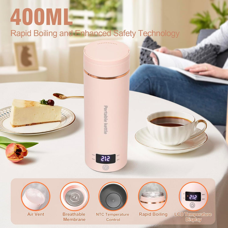 Travel Electric Kettle Portable Mini Kettle,Small Hot Water Boiler with 4 Temperature Settings,304 Stainless Steel,Fast Boiling Water with Auto Shut-Off and Boil Dry Protection (Pink, 400ml)