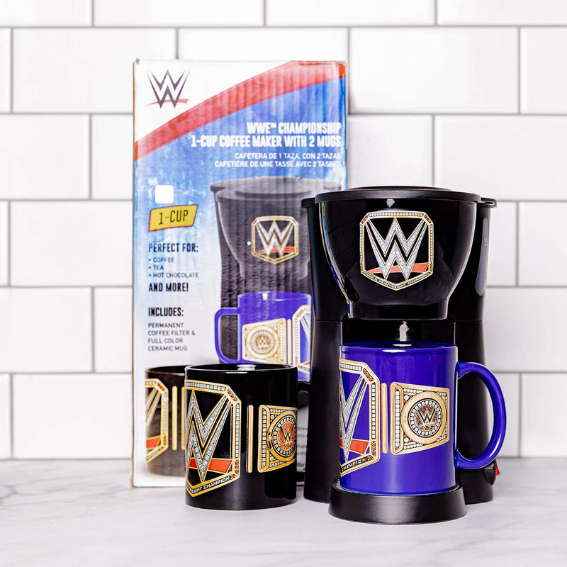 Uncanny Brands WWE Single Cup Coffee Maker Gift Set with 2 Mugs - Jolt Up Like A Champion