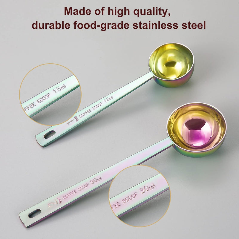 Premium coffee scoop set, set of 2, Metal stainless steel long handle coffee scoop, measuring coffee spoons contains 1 tablespoon (15 ml) and 2 tablespoons (30 ml) multicolor spoon.