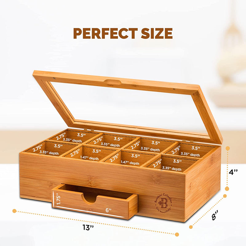 Tea Bag Organizer - Tea Organizer: Wooden Tea Box with 8 Compartments, Acrylic Window, and Magnetic Lid, Made of Bamboo - Keeps Tea Bags Fresh (Tea Not Included) - Ideal Christmas Gifts