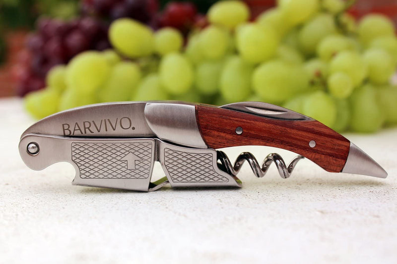 Barvivo Natural Rosewood Wine Opener with Foil Cutter Knife & Cap Remover, Double Hinged Manual Wine Key for Bartenders, Servers, Waiters, Stainless Steel Wine Bottle Opener Corkscrew