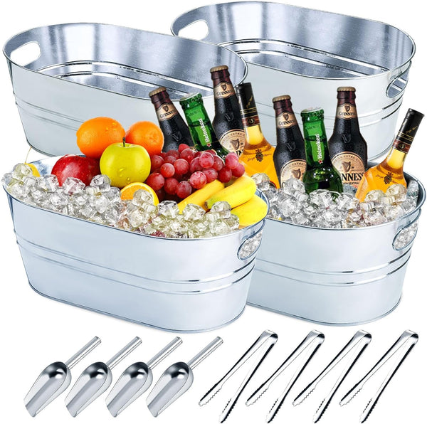 4 Pcs Galvanized Ice Bucket with Ice Scoops and Tongs Set, Beverage Tub for Parties Metal Drink Tin Bucket for Beer Wine Champagne, Ice Drinking Bucket for Farmhouse Rustic Home Bar (Silver, 4 Gallon)